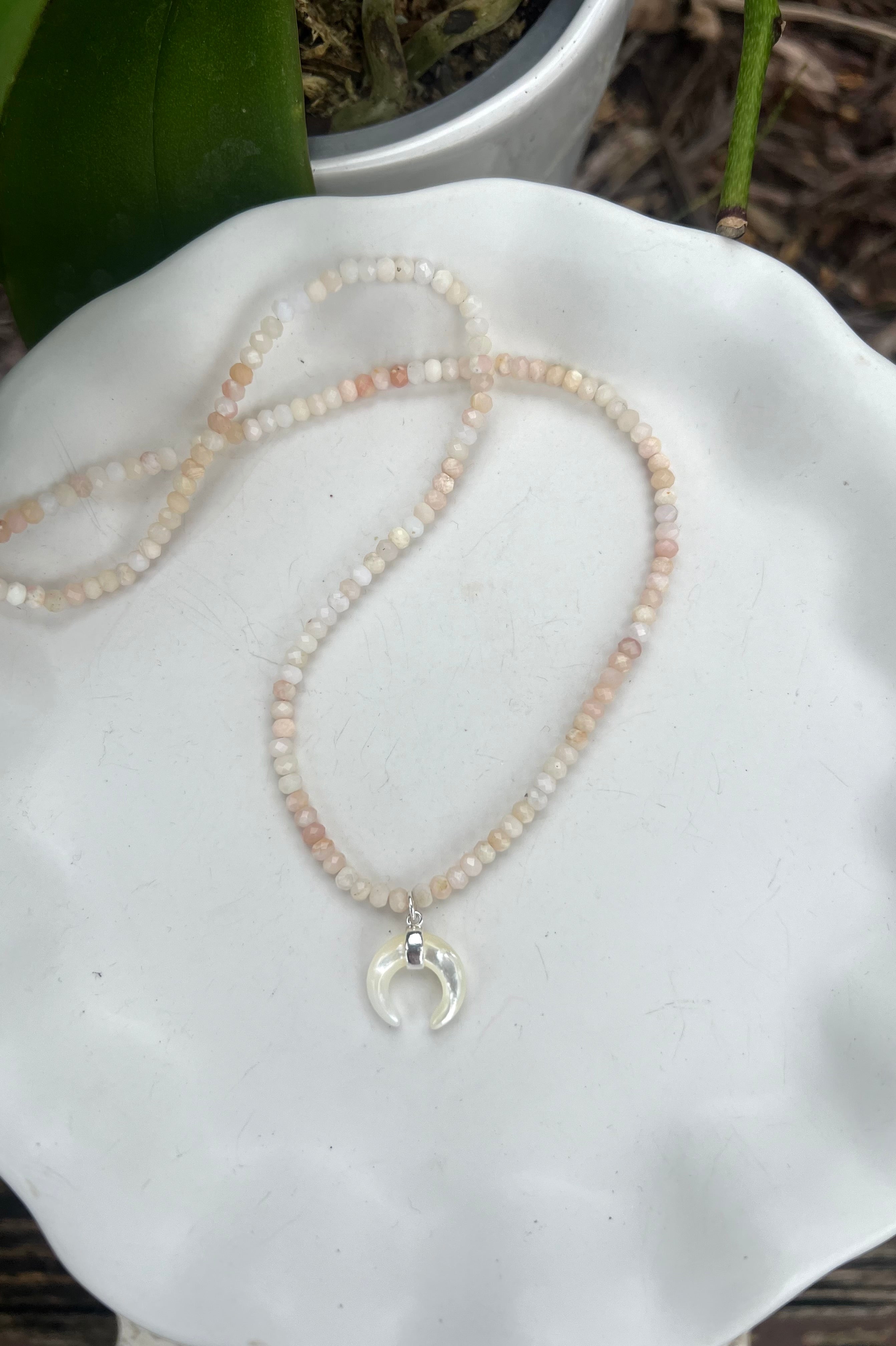 Pink Opal Necklace with a Crescent Moon