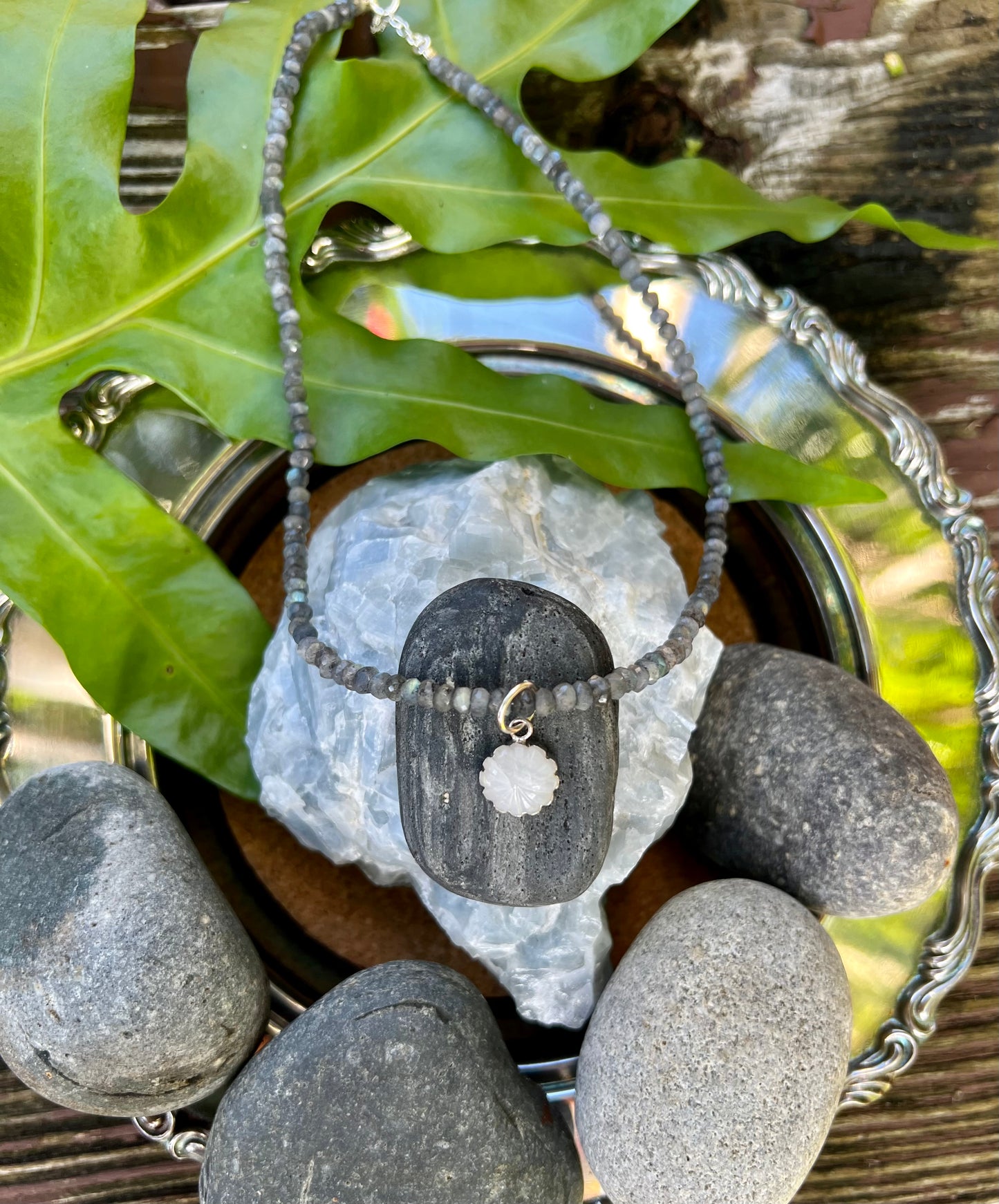 Labradorite and Moonstone Floral Necklace