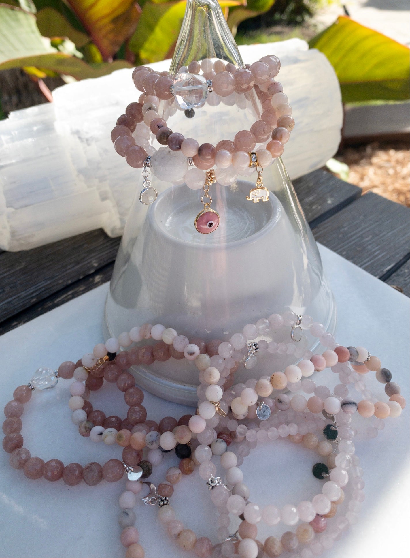 Rose Quartz Bracelet with Pink Evil Eye