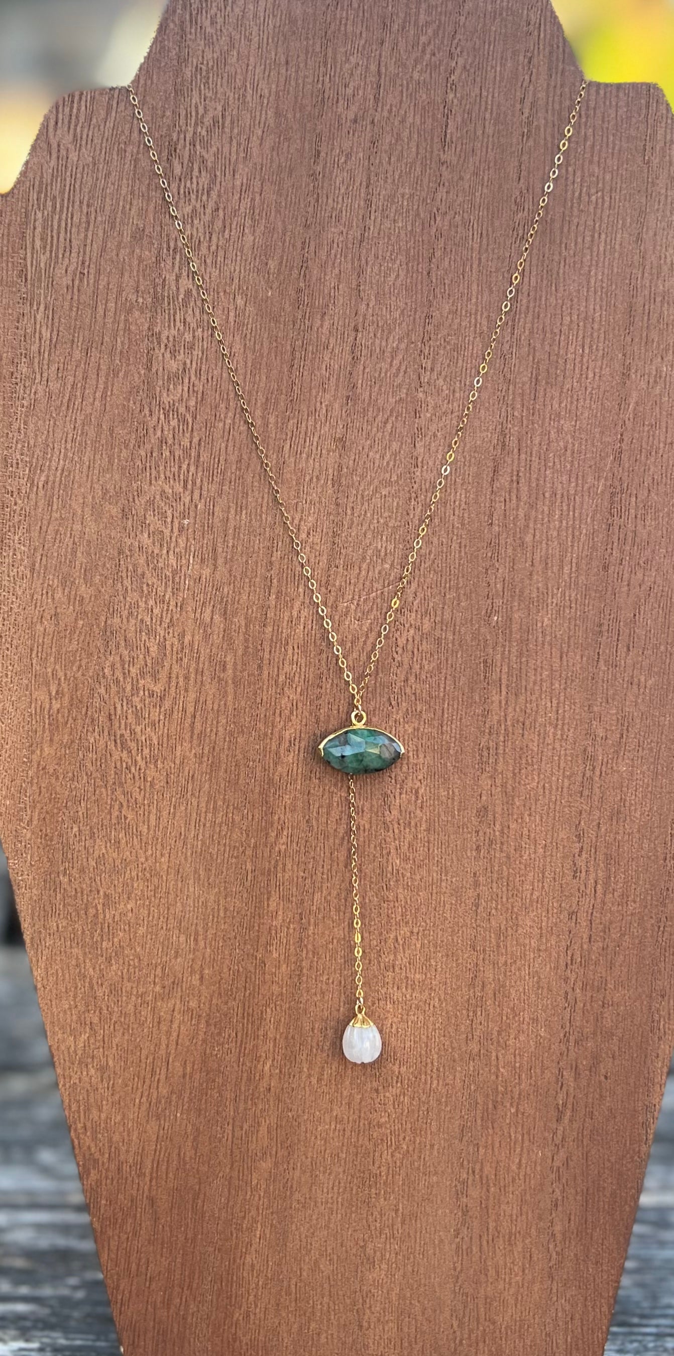 Emerald and Moonstone Lariat Necklace