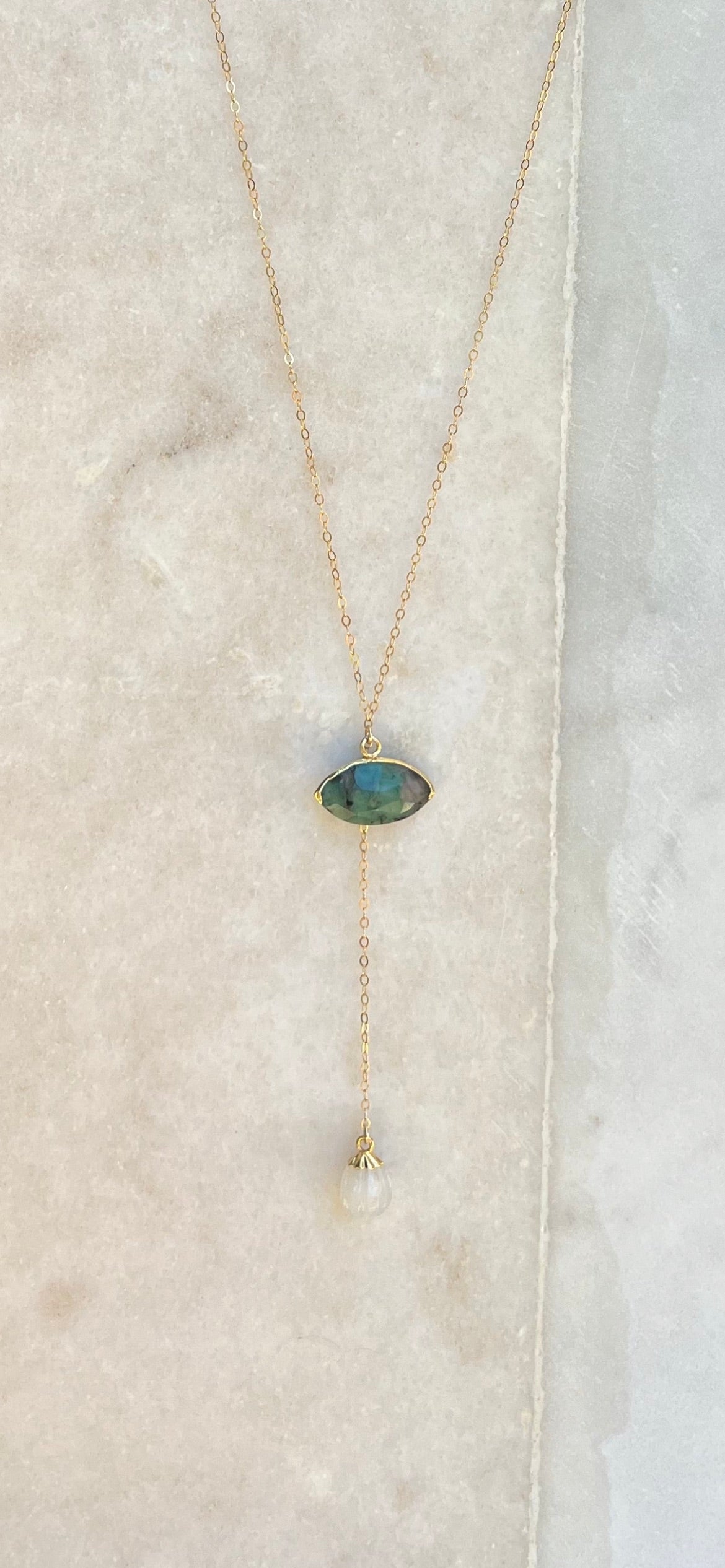 Emerald and Moonstone Lariat Necklace