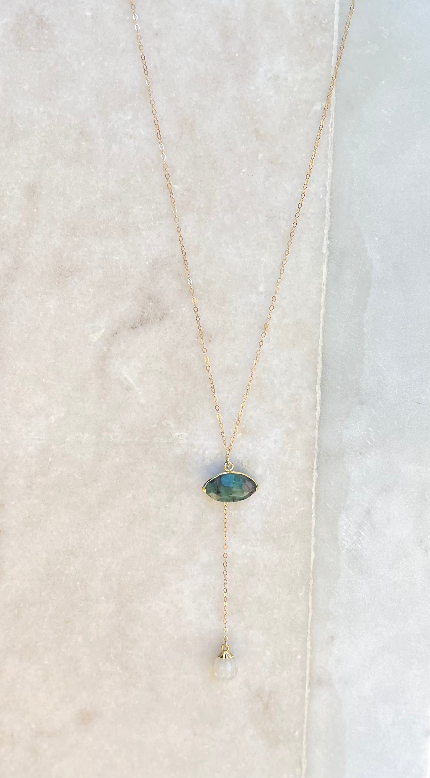 Emerald and Moonstone Lariat Necklace