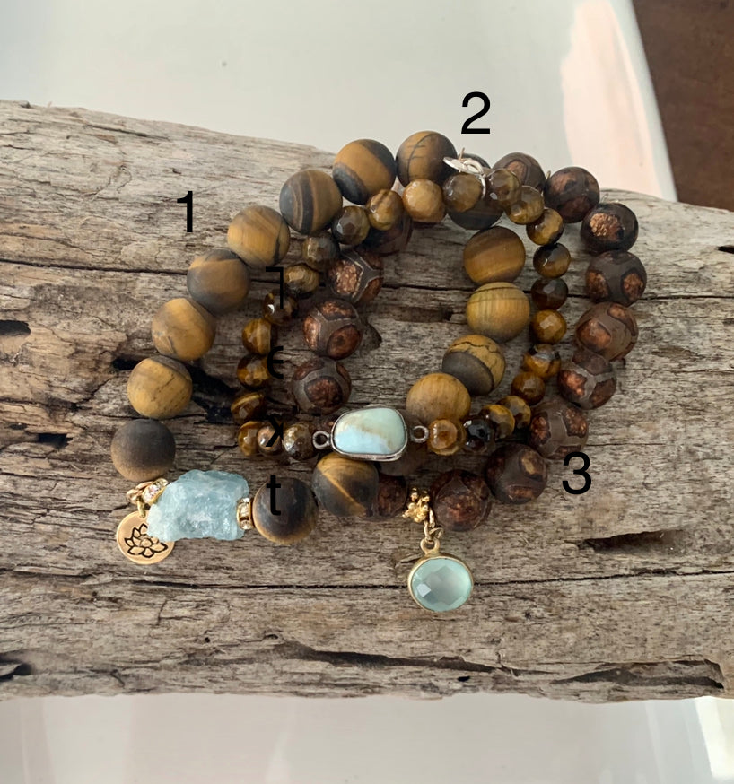 Tigers Eye and Tibetan Agate Bracelets