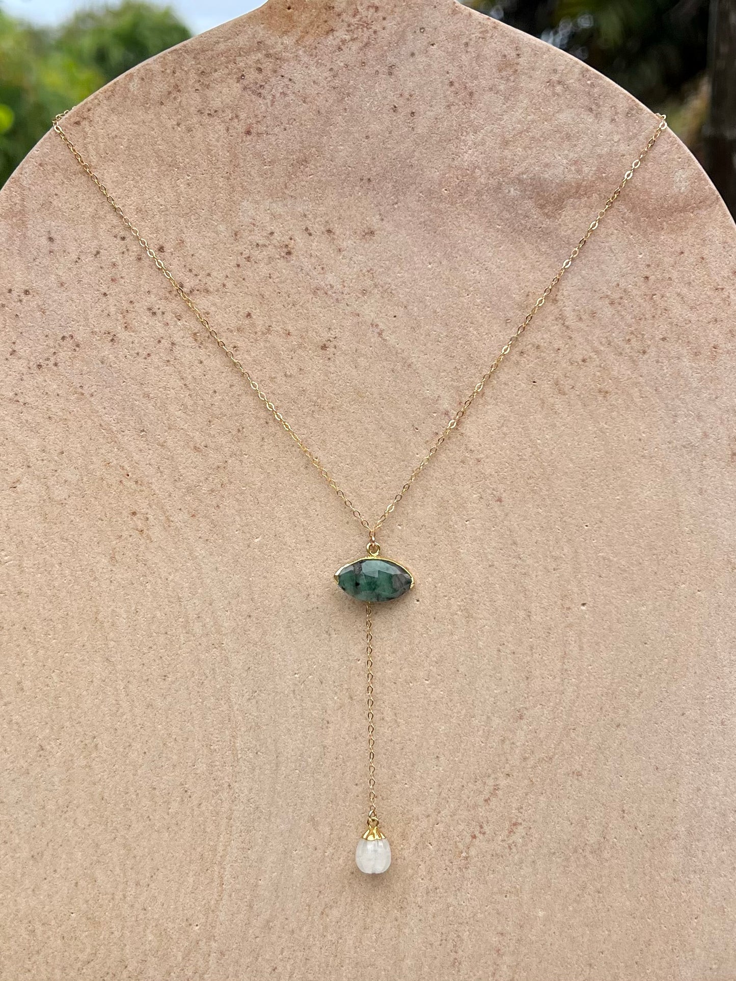 Emerald and Moonstone Lariat Necklace