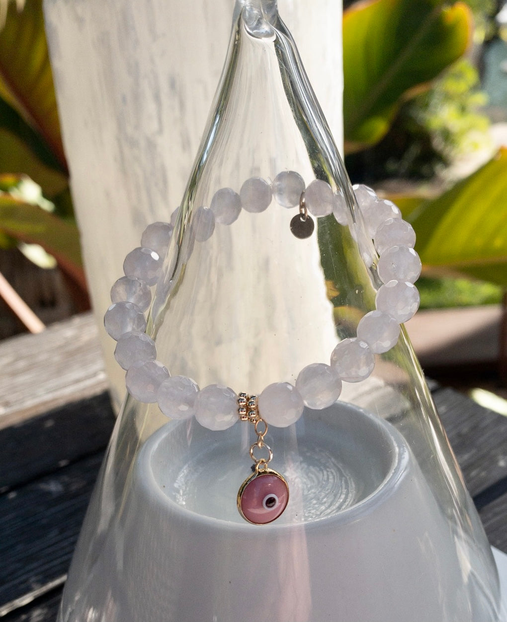 Rose Quartz Bracelet with Pink Evil Eye